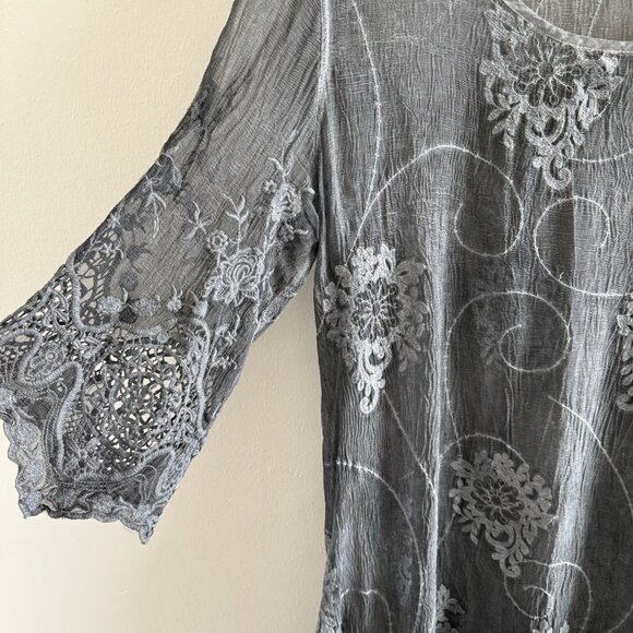 Gretty Zueger Silk Top Tunic Small Embroidered Boho Fairy Sheer Gray Artsy - Picture 3 of 9